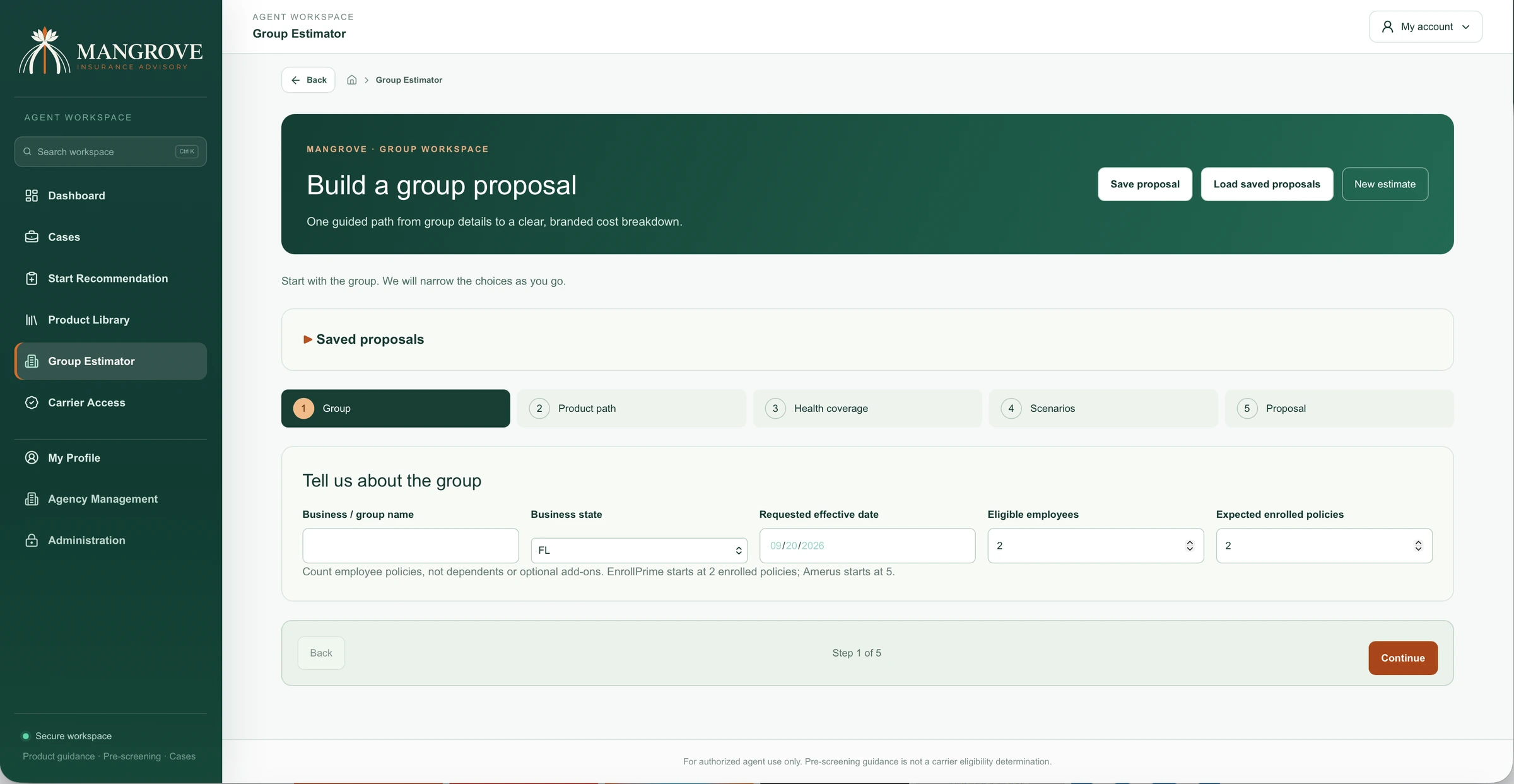 Mangrove Group Estimator with a branded proposal workspace and steps for Group, Product path, Health coverage, Scenarios, and Proposal
