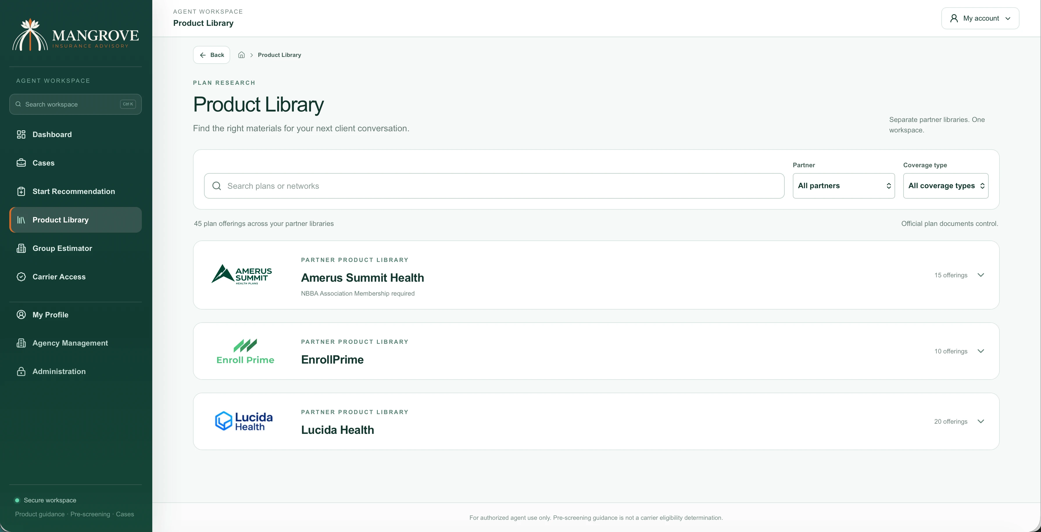Mangrove Product Library with plan and network search, partner and coverage filters, and Amerus Summit Health, Enroll Prime, and Lucida Health libraries