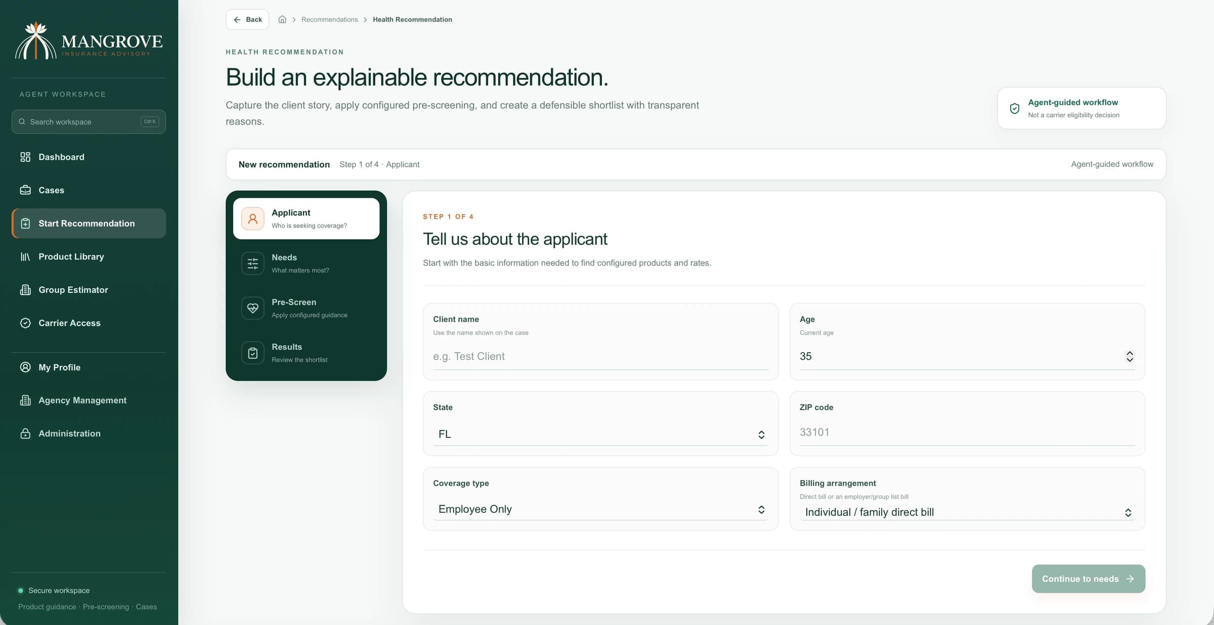 Mangrove Agent Portal health recommendation workflow with Applicant, Needs, Pre-Screen, and Results steps